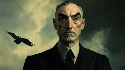 Stern gentleman faces stormy sky as lone black bird circles