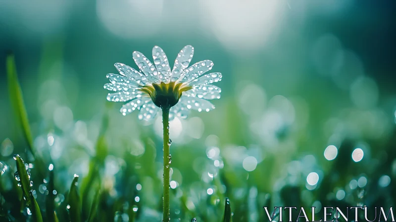 Single dew covered flower is photographed in close macro view