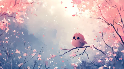 Cute Fluffy Bird on Branch in Dreamy Cherry Blossom Forest, Pastel Art.