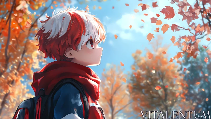 Red scarf anime boy observing drifting autumn maple leaves