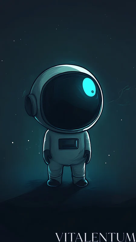 Cartoon astronaut stands alone in a dark starry space.