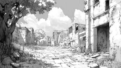 Posturban stone corridor under vegetative reclamation skies.