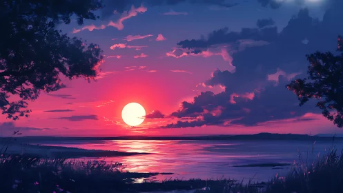 Dreamy lakeside sunset wrapped in violet twilight glow.