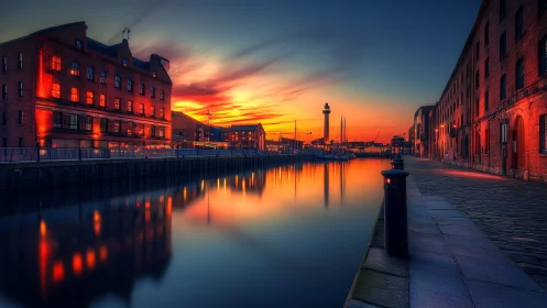 Sunset illuminates brick warehouses along calm waterfront canal
