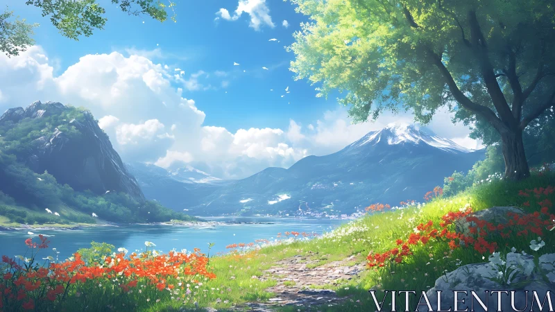 Sunlit lakeside meadow opens toward distant snowcapped peaks