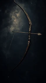Ornate longbow with engraved limbs in cinematic low key lighting.