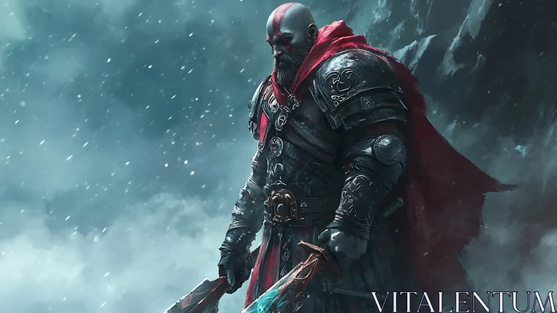 Armored warrior in blizzard with dual elemental axes stands poised