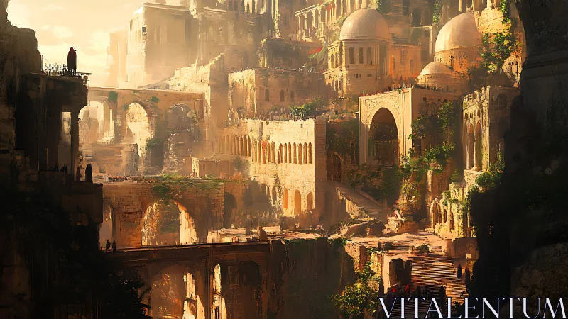 Golden cliffside city bathes ancient arches in warm light