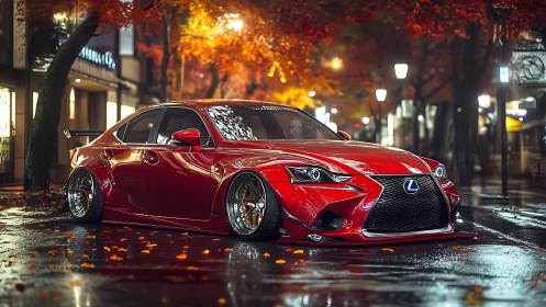 Stanced red Lexus sedan in wet autumn city street at night
