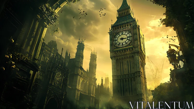 Big Ben in overgrown post-apocalyptic London ruins.