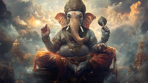 Majestic Lord Ganesha seated amid mystical temple clouds.