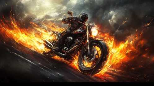 Motorcyclist rides through stylized flames on dark roadway