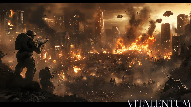 Armored troopers watching a burning sci fi megacity fall.