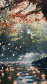 Gentle autumn leaves drifting slowly across quiet water.