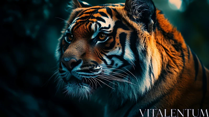 Ember-eyed jungle tiger prowling through midnight teal glow.