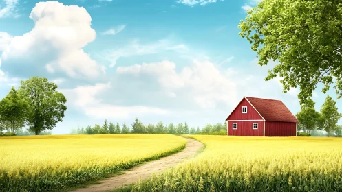 Photorealistic rural landscape with red barn and wheat field.
