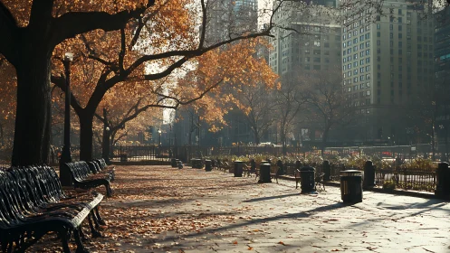 Photorealistic autumn city park with benches and high-rises.