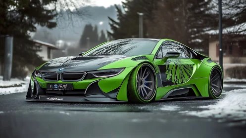Wide-angle render of neon green custom BMW i8 in winter street