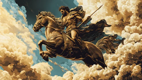 Mythic warrior on rearing horse storms sunlit clouds.