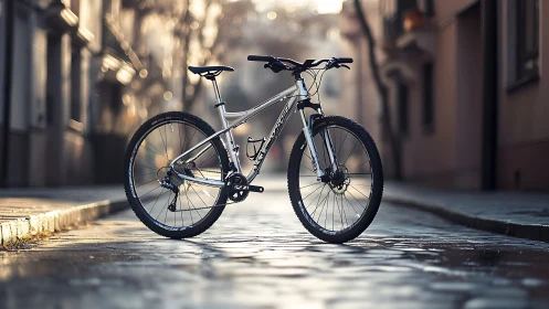 Silver Mountain Bike on Urban Wet Street.