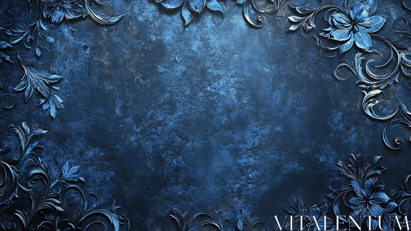 Embossed blue floral border on textured metallic background