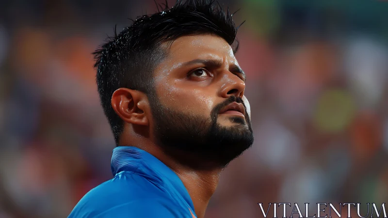 Cricket player close-up in stadium under bright lights.