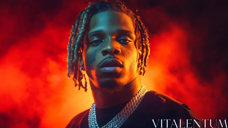 Moody hip-hop portrait with neon orange cinematic backlight.