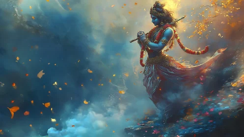 Divine blue figure plays a flute amid swirling golden light
