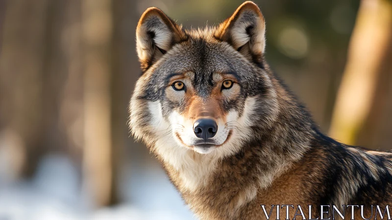 Close portrait of alert wolf in soft forest light.