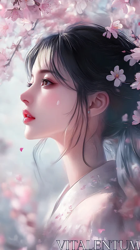 Sakura-kissed profile portrait in soft pastel bokeh bloom.