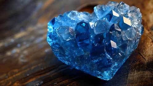 Faceted Blue Topaz Crystal Specimen on Wooden Surface.