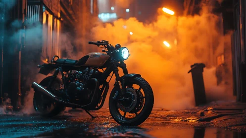 Custom motorcycle stands in foggy neon lit urban alleyway