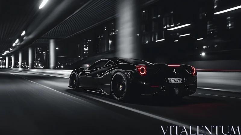 Sleek black supercar accelerates through nocturnal urban tunnel