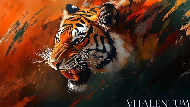 Roaring tiger head over bold orange and dark strokes.