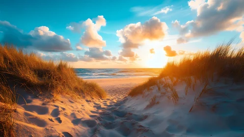 Sunlit dune path opens onto calm ocean horizon at sunset