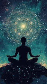 Cosmic meditation silhouette beneath luminous mandala gateway.