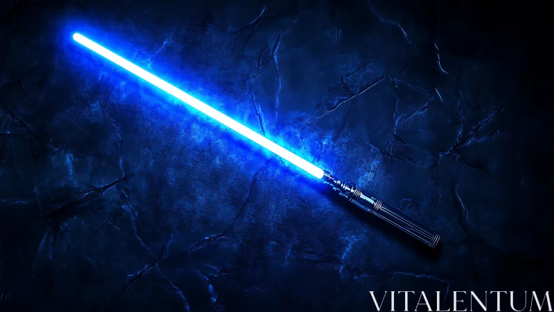 Blue plasma blade prop on fractured basaltic ground plane.