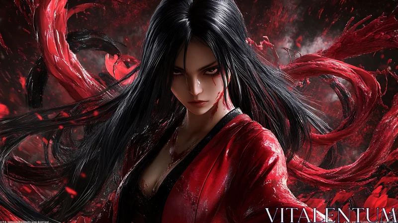 Crimson sorceress unleashes swirling bloodstorm wrath.