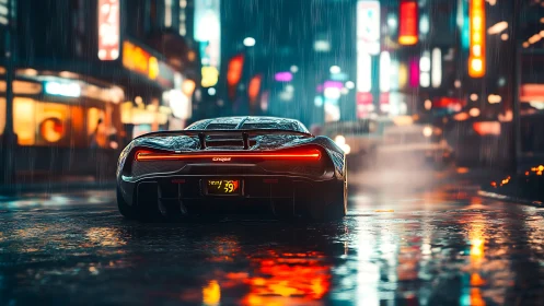 Neon storm chaser hypercar glows through rain-slicked nights.