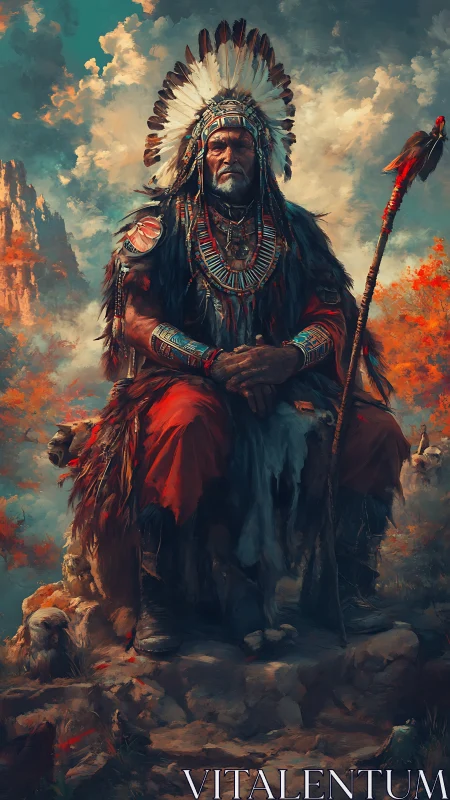 Elder tribal chief sits on rocky ledge under stormy sky