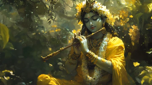 Flute of golden dawn in a lush divine forest reverie.