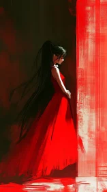 Solitary side-lit girl in flowing red dress against abstract wall