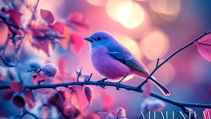 Vibrant Pink and Blue Songbird on Branch in Dreamy Bokeh Setting.