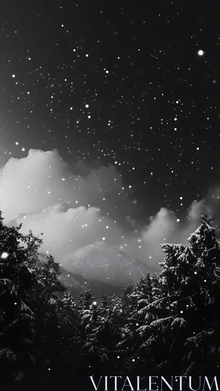 Snowfall veils a midnight mountain in shimmering silence.