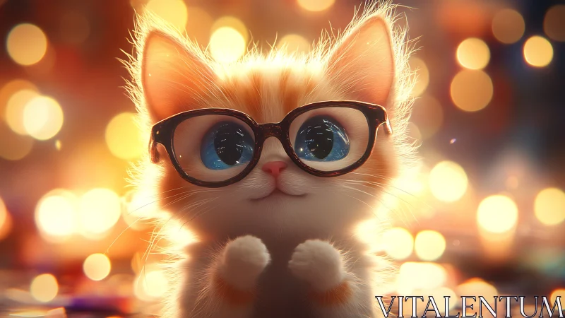 Spectacled Feline Scholar Radiates Whimsy Among Warm Bokeh Lights.