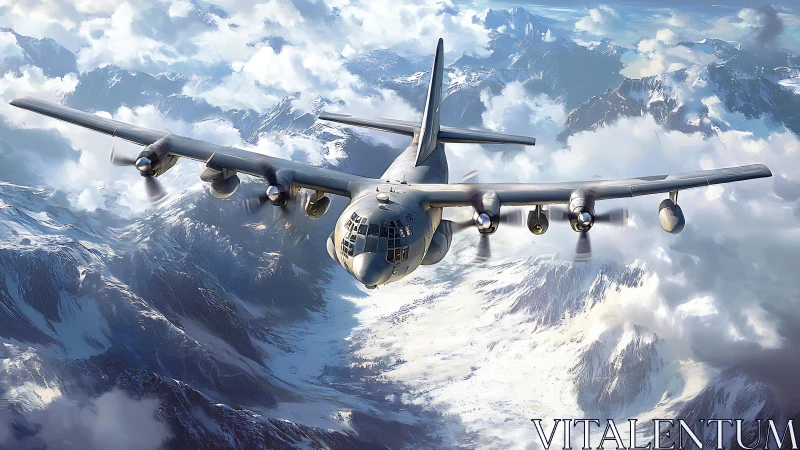 Military cargo aircraft flying over snowy mountain range.