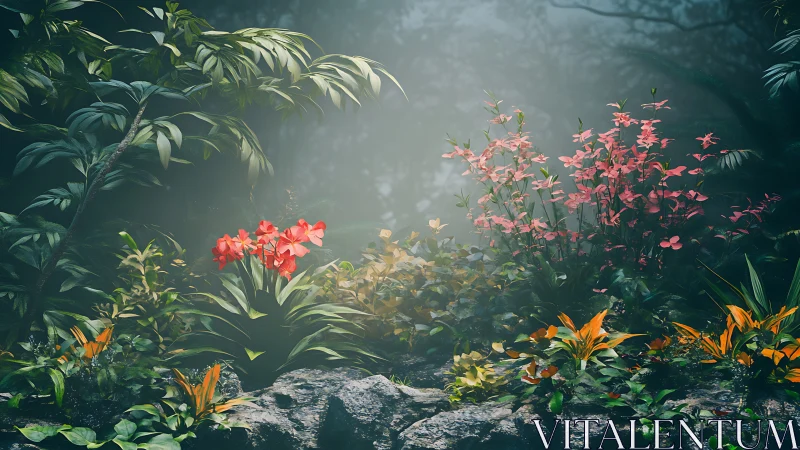 Tropical Garden with Misty Atmospheric Light and Layered Blooms.