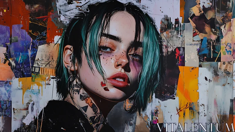 Neon-haired rebel leans into a storm of painted paper noise