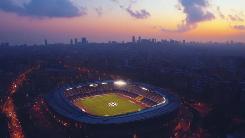 Floodlit football stadium glows against hazy sunset skyline