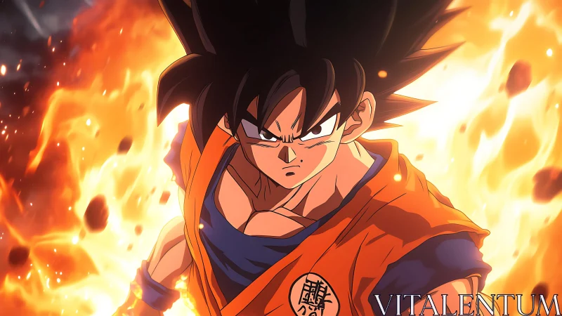 Determined anime fighter in orange gi amid rising flames.